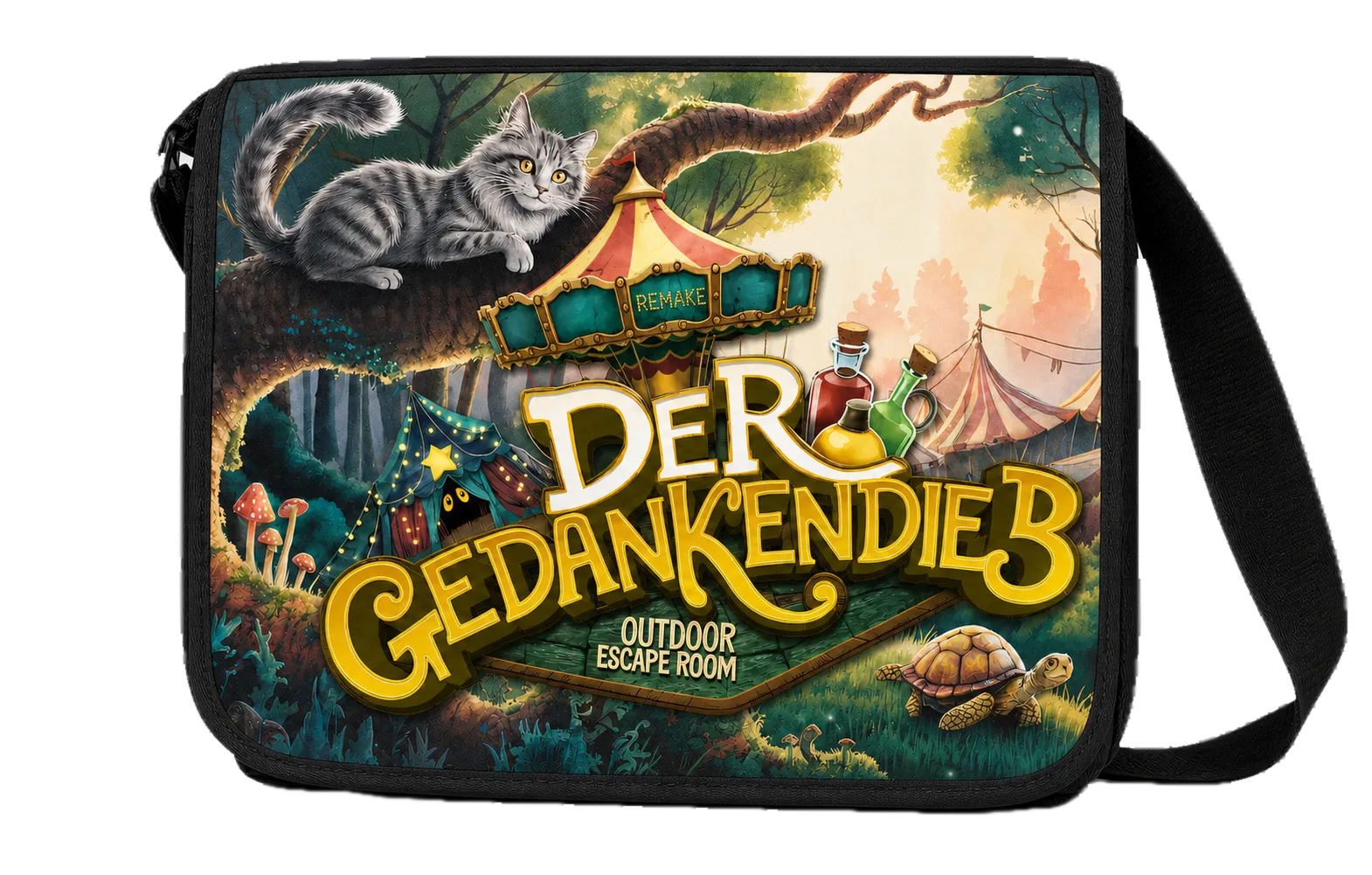 Umhängetasche mit dem Motiv des Outdoor Escape Rooms Der Gedankendieb
