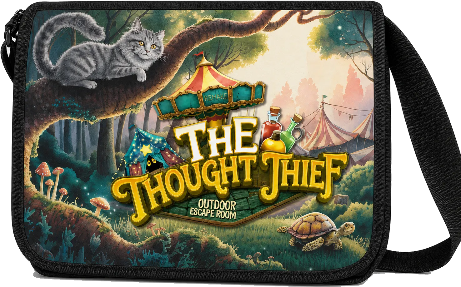 Shoulder bag with the artwork of the outdoor escape room The Thought Thief